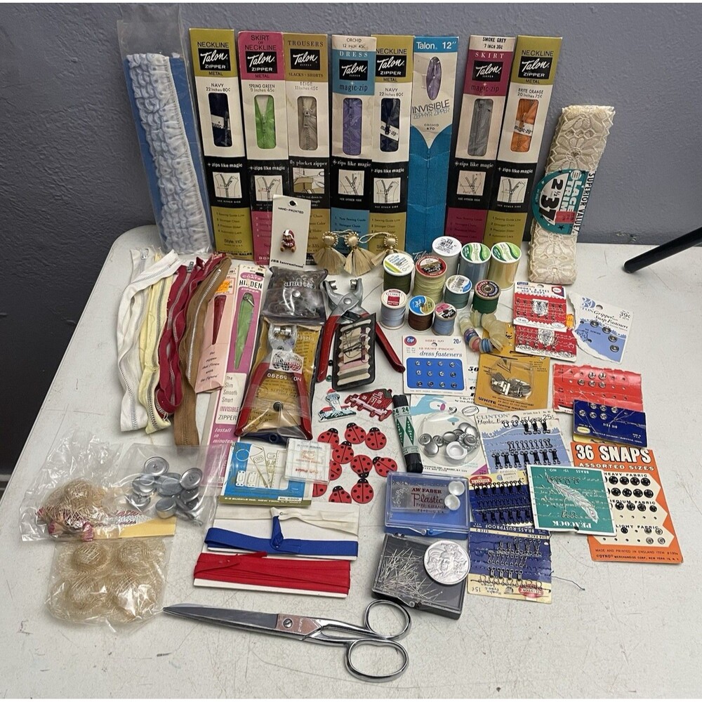 Sewing Supplies Kit Old Sewing Items Assorted Needles, Threaders, Zippers 50+ Pc